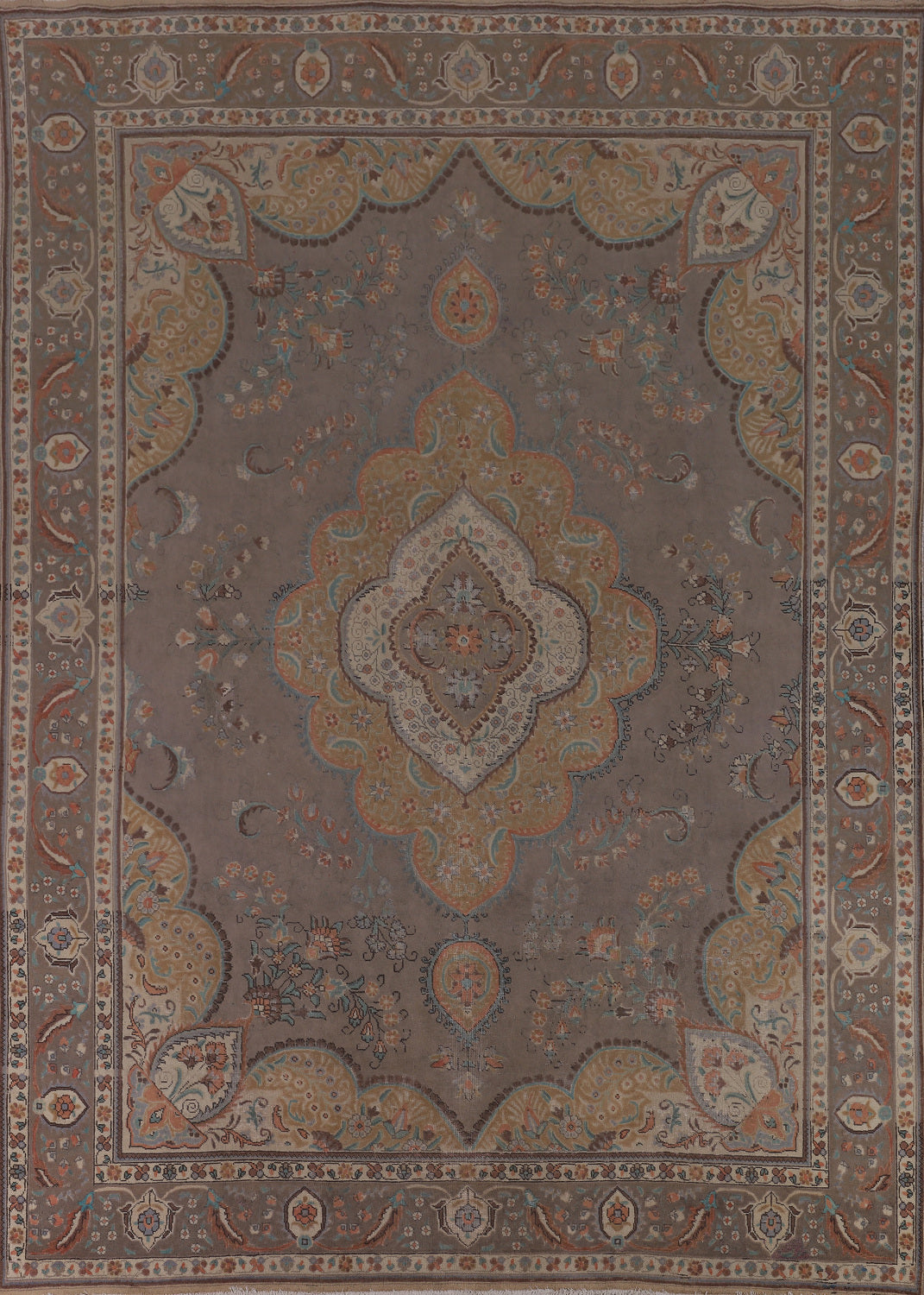 Vintage Gray Floral Tabriz Persian Area Rug 10x13