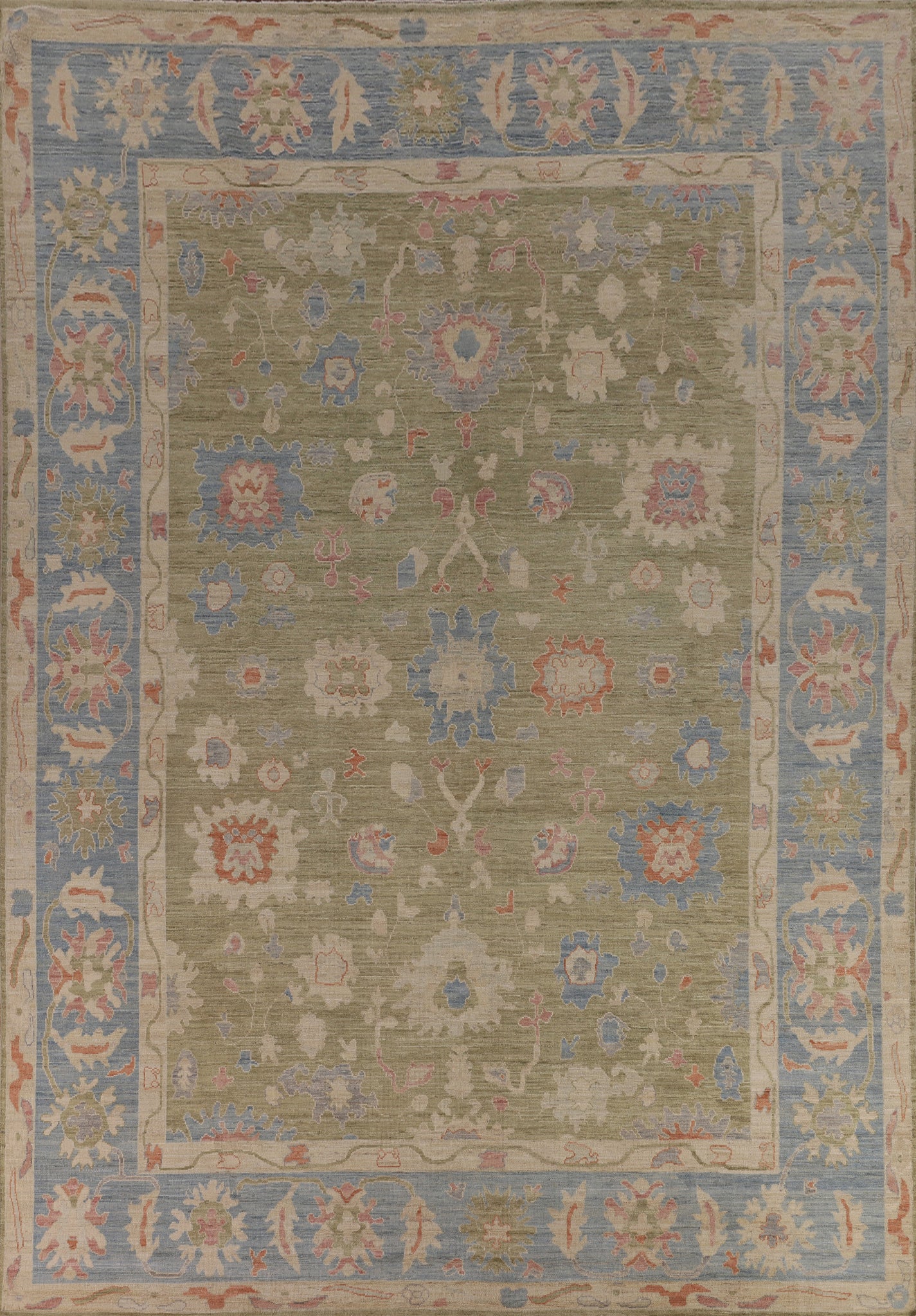 Vegetable Dye Green Oushak Oriental Large Rug 11x14