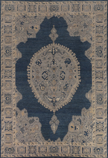 Blue Geometric Oushak Vegetable Dye Large Rug 10x14