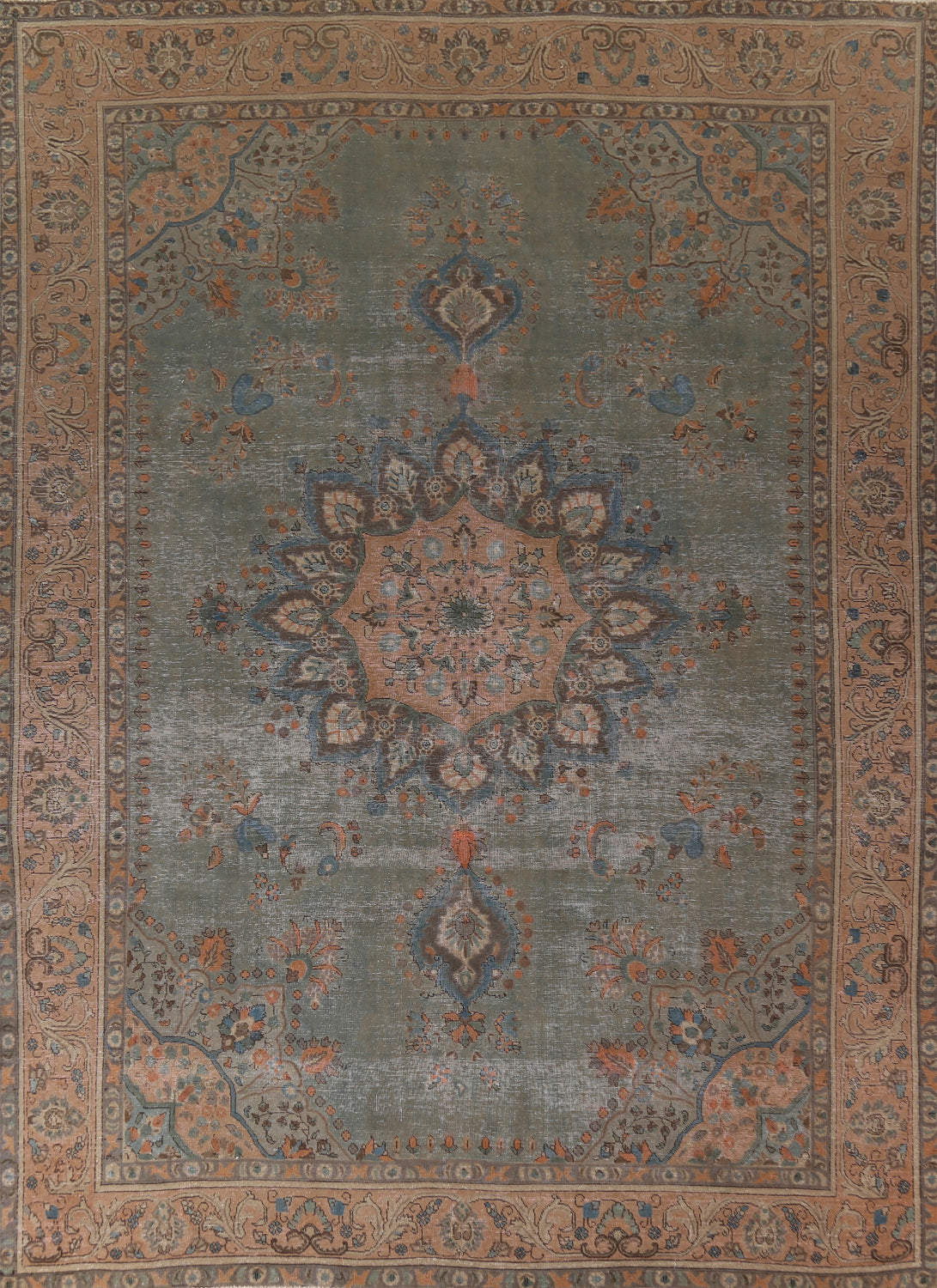 Vintage Green Tabriz Persian Area Rug 10x13