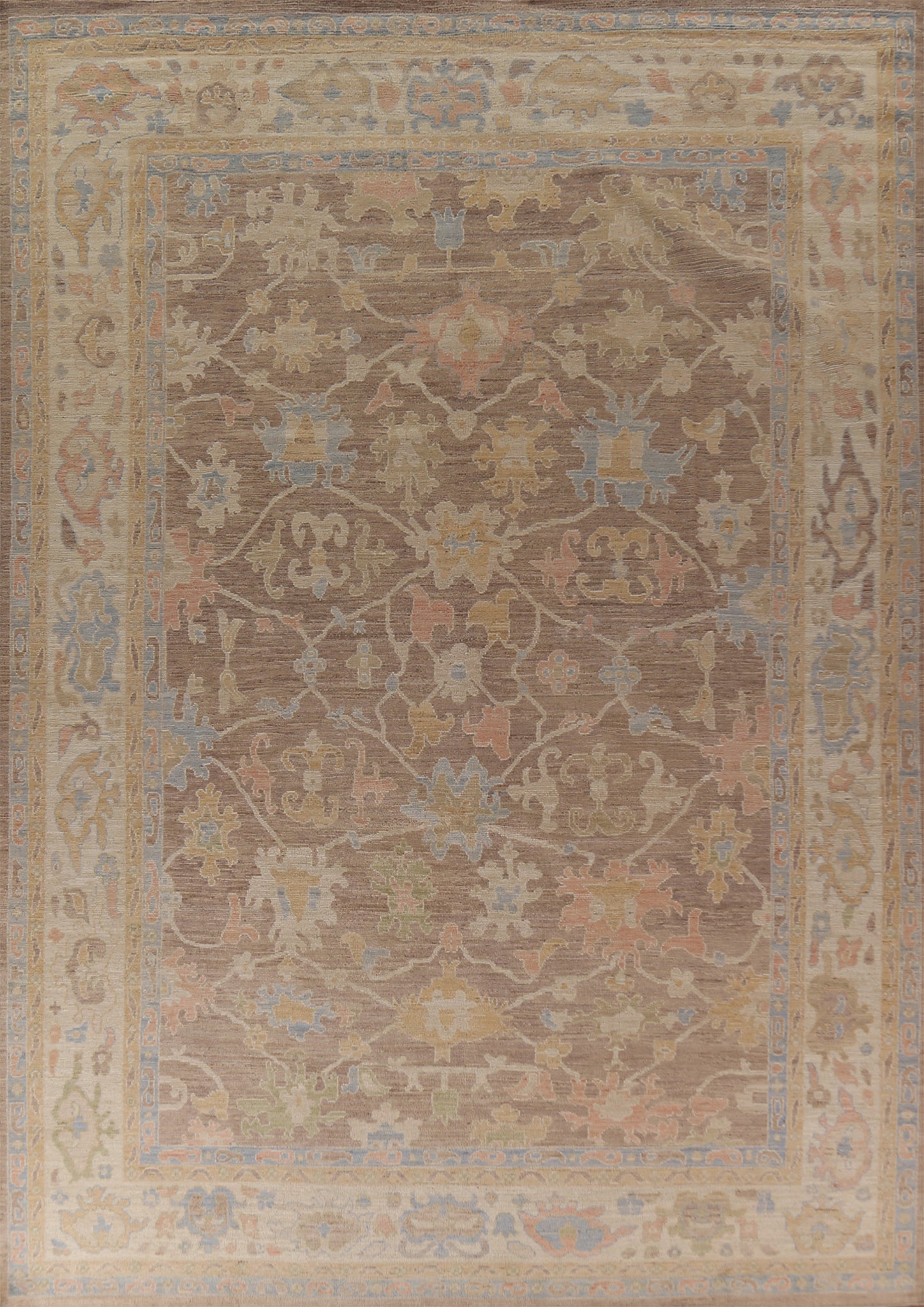 Brown Floral Oushak Vegetable Dye Wool Area Rug 9x13