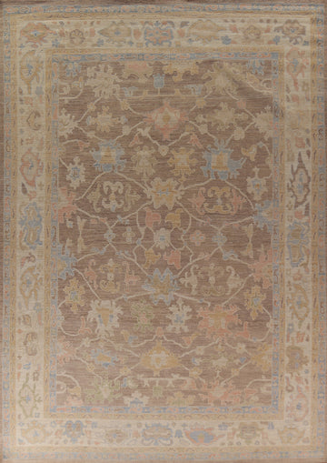 Brown Floral Oushak Vegetable Dye Wool Area Rug 9x13