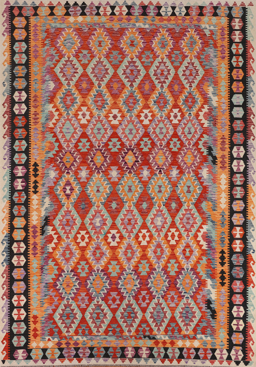 Flat Weave Orange Kilim Wool Area Rug 8x11