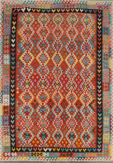 Flat Weave Orange Wool Kilim Wool Area Rug 8x12