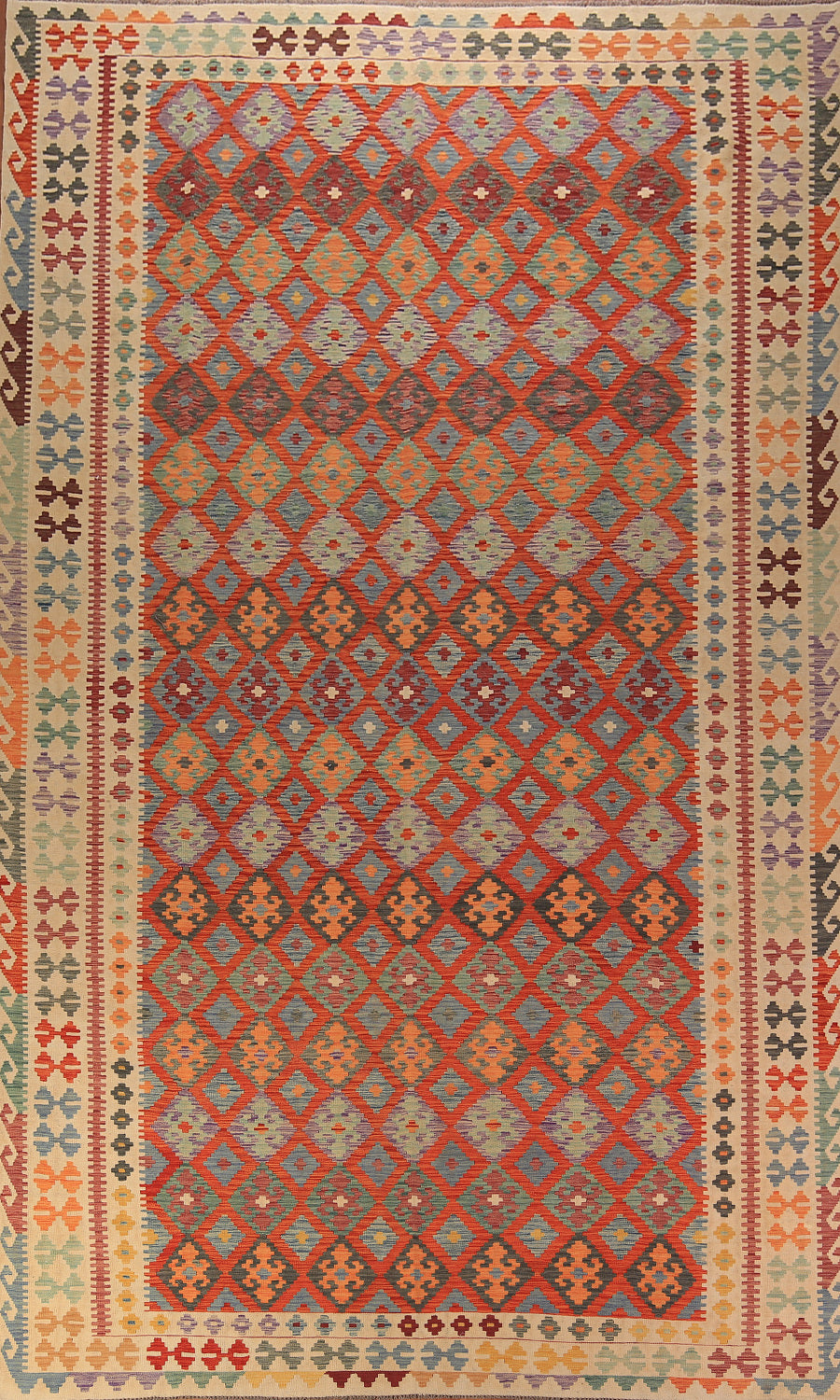 Geometric Trellis Wool Kilim Oriental Large Rug 10x16