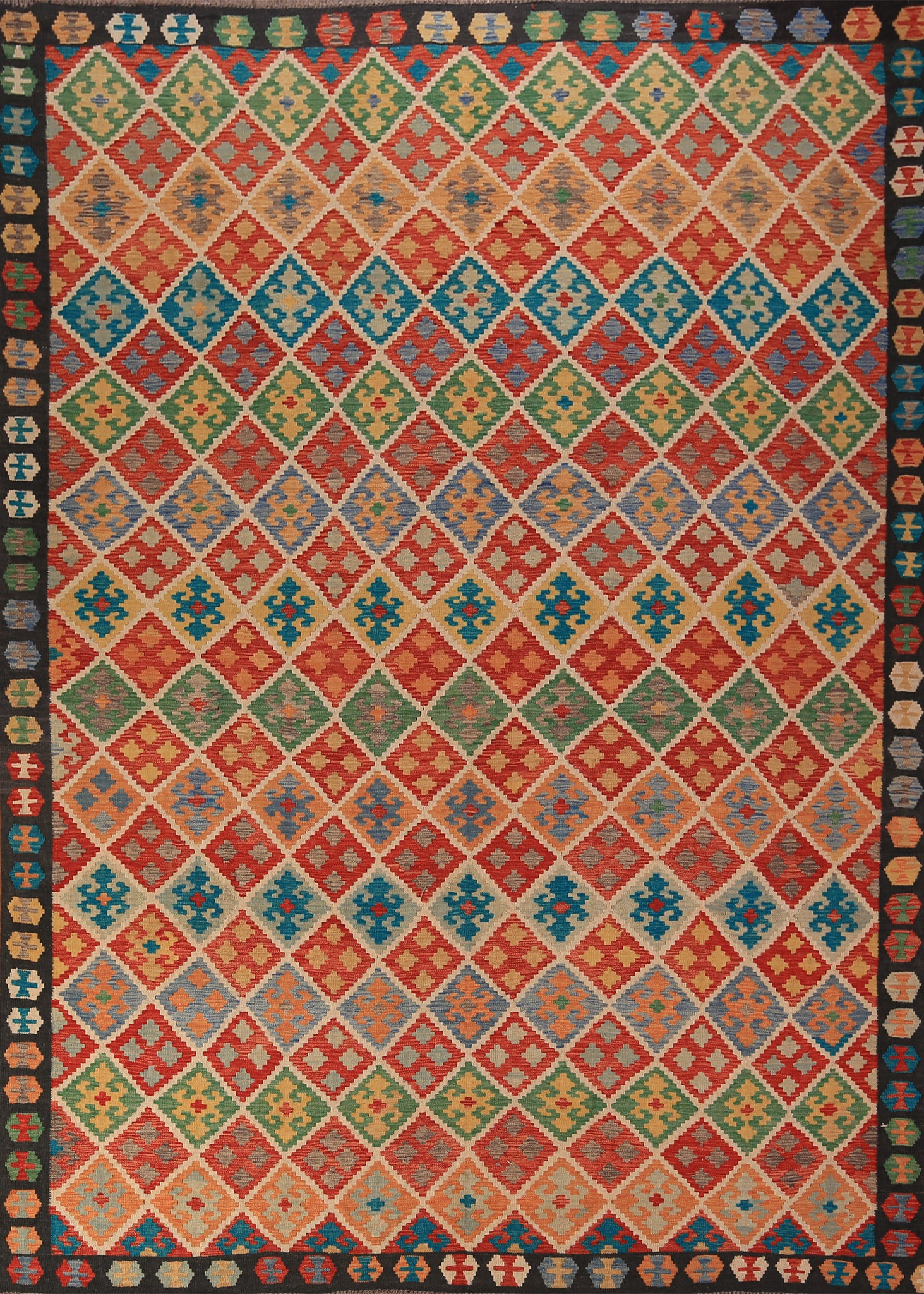 All-Over Trellis Kilim Flat Weave Wool Area Rug 9x11