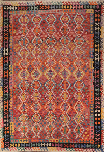Orange Wool Geometric Kilim Oriental Area Rug 8x12
