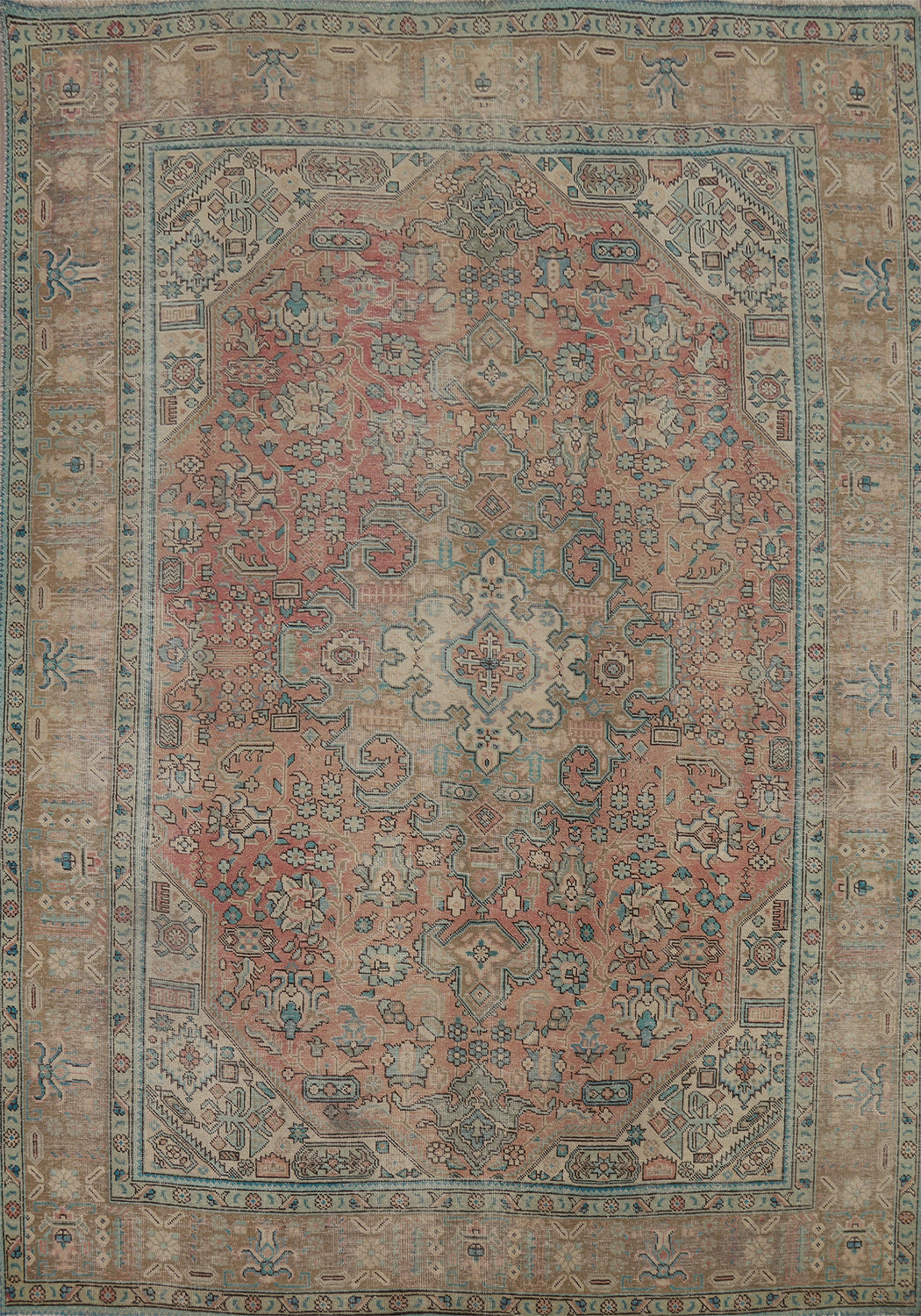 Pink Wool Distressed Tabriz Persian Area Rug 7x9
