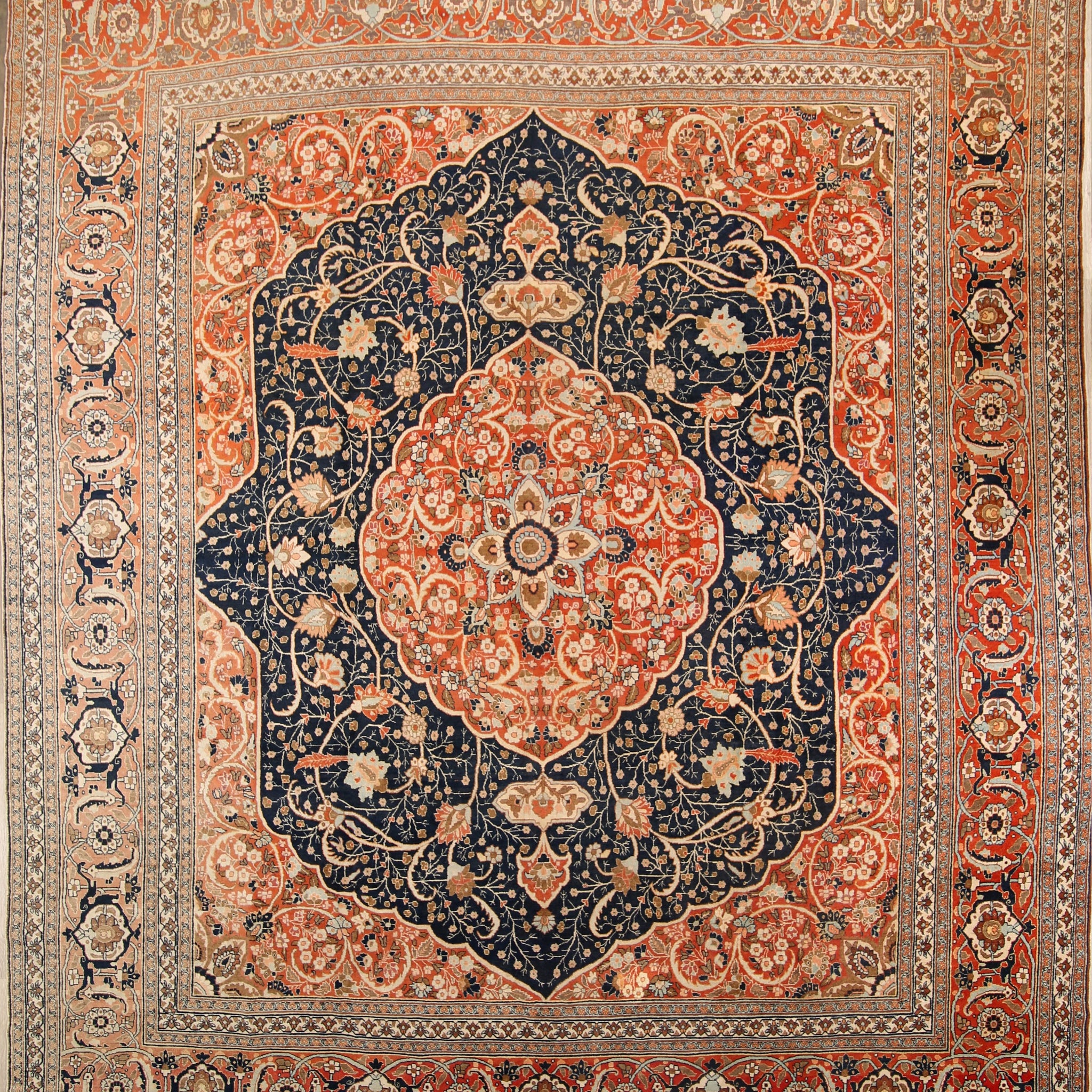 Pre-1900 Antique Geometric Vegetable Dye Authentic Tabriz Haji Jalili Persian Orange/Navy Blue 13x16 Rug
