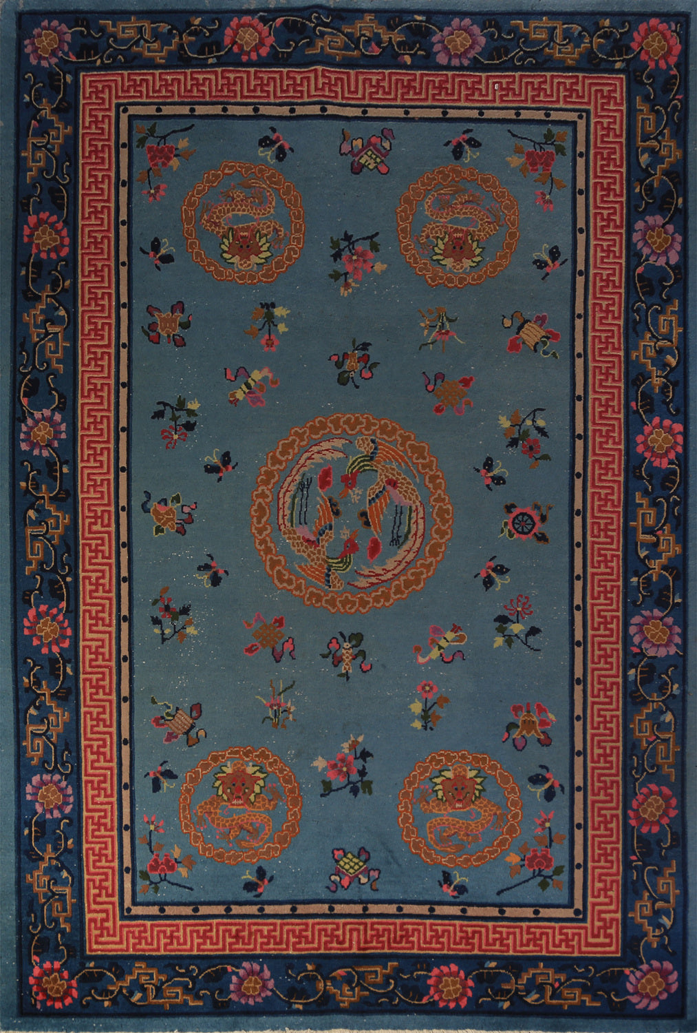 Vegetable Dye Blue Art Deco Chinese Area Rug 6x10