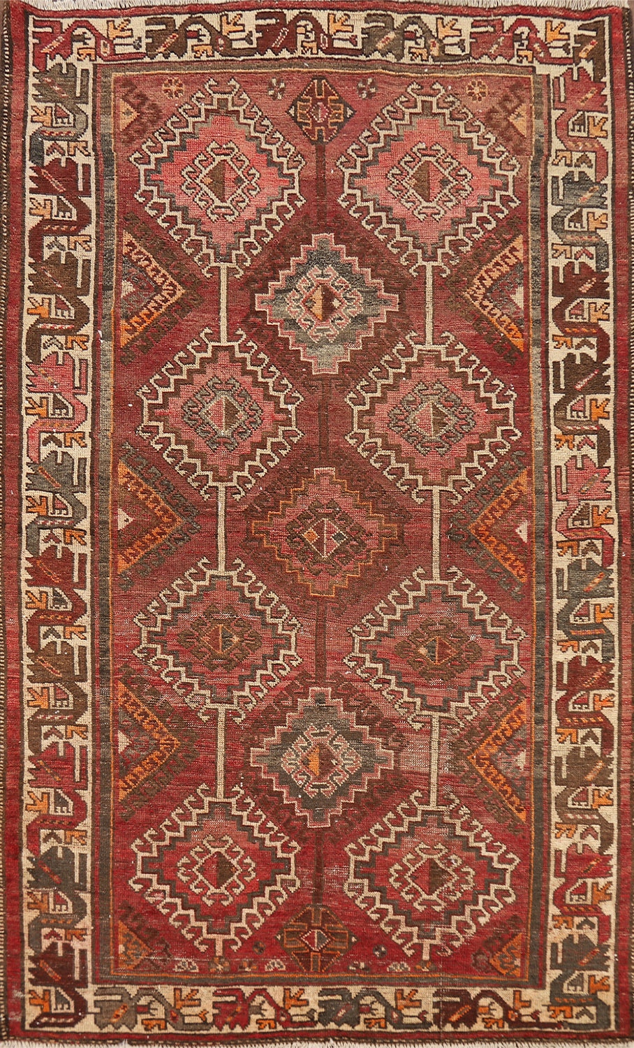 Red & Pink Geometric Wool Bakhtiari Persian Rug 4x7