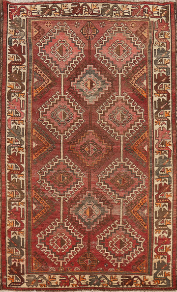 Red & Pink Geometric Wool Bakhtiari Persian Rug 4x7