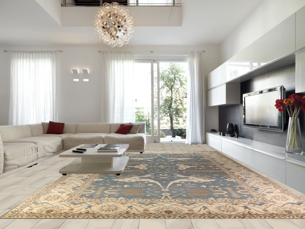 All-Over Blue & Ivory Oushak Indian Large Rug 13x21