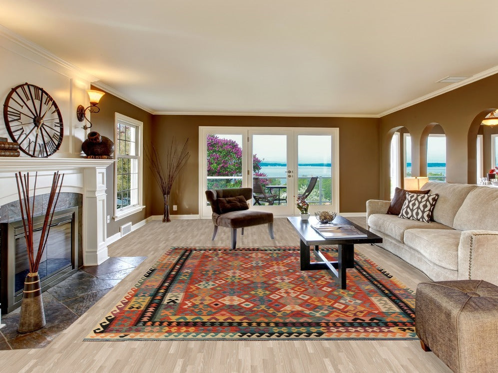 Geometric Kilim Reversible Wool Area Rug 8x11