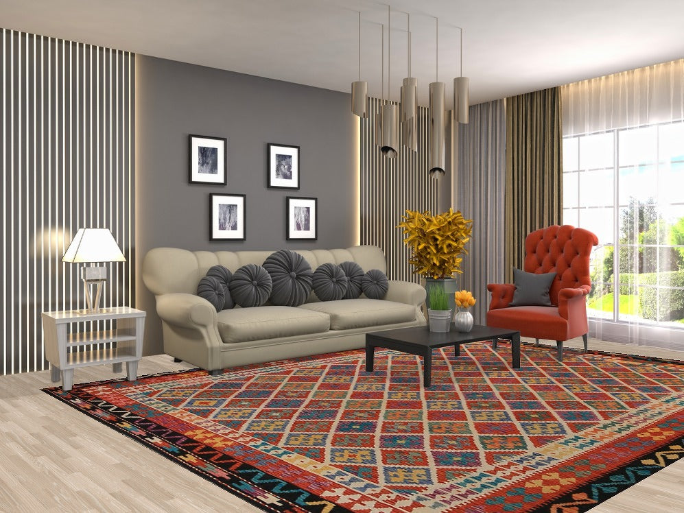 Geometric Trellis Kilim Wool Area Rug 9x11