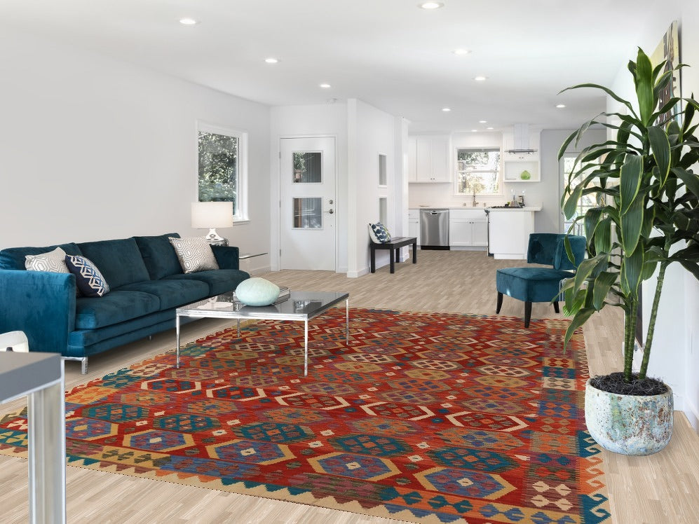Geometric Kilim Reversible Wool Area Rug 8x11