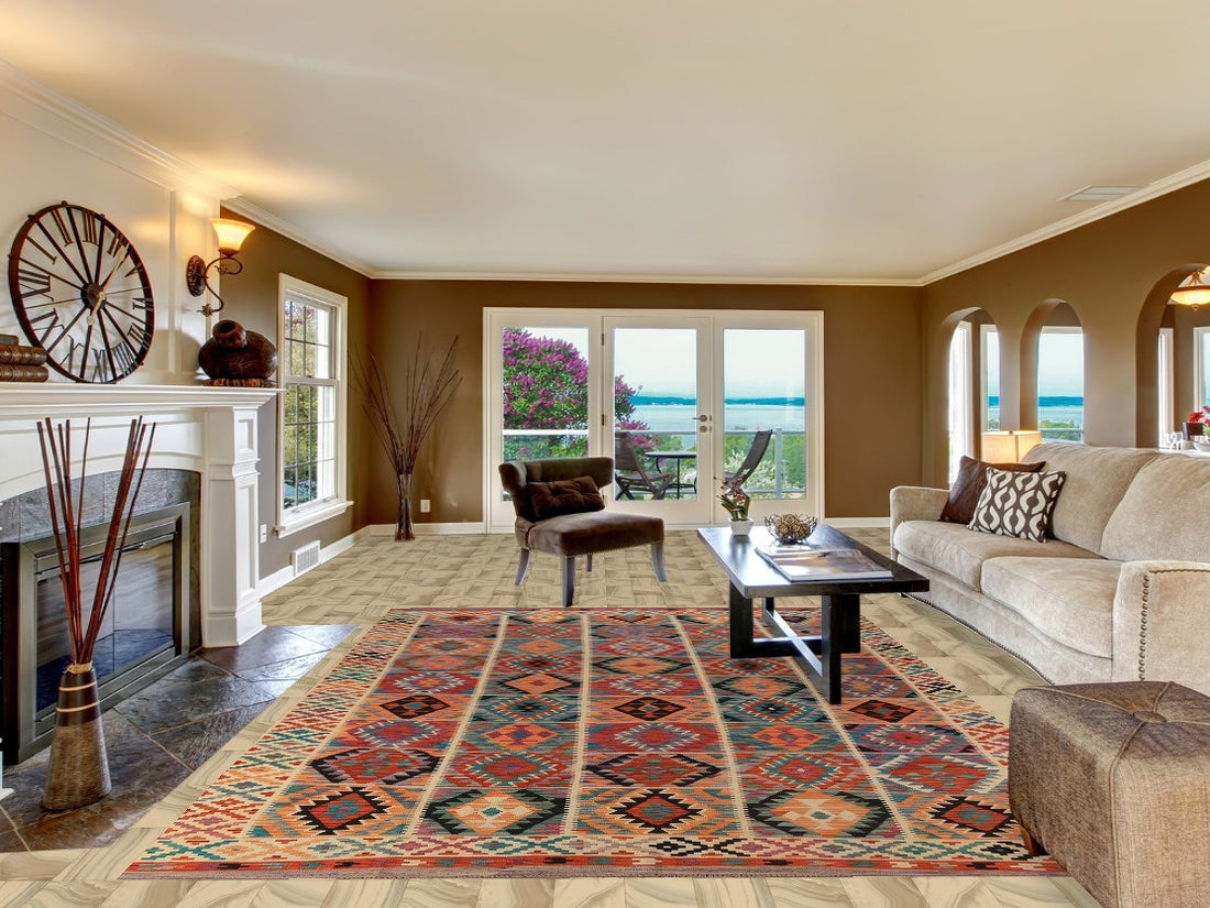 All-Over Geometric Kilim Reversible Wool Area Rug 8x11