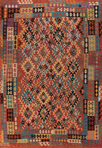 Flat Weave Wool Orange Kilim Oriental Area Rug 8x12