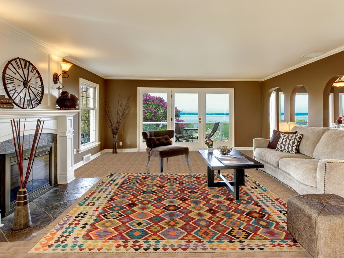 Geometric Kilim Reversible Wool Area Rug 8x11