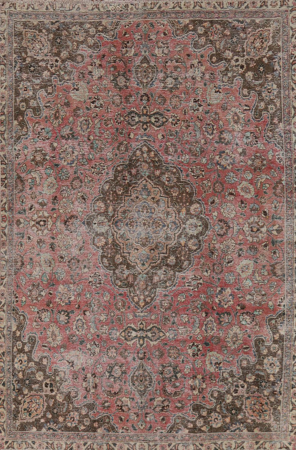 Distressed Wool Floral Mashad Persian Area Rug 7x10