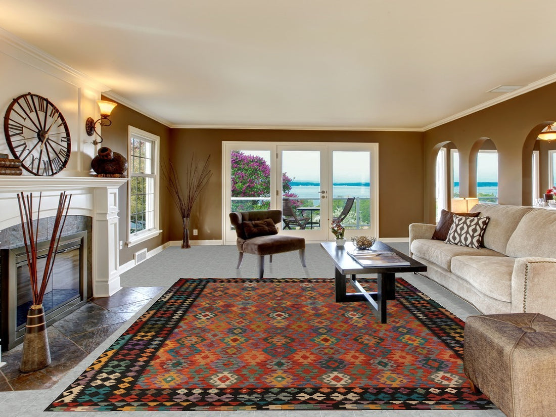 Wool Geometric Kilim Living Room Area Rug 9x12