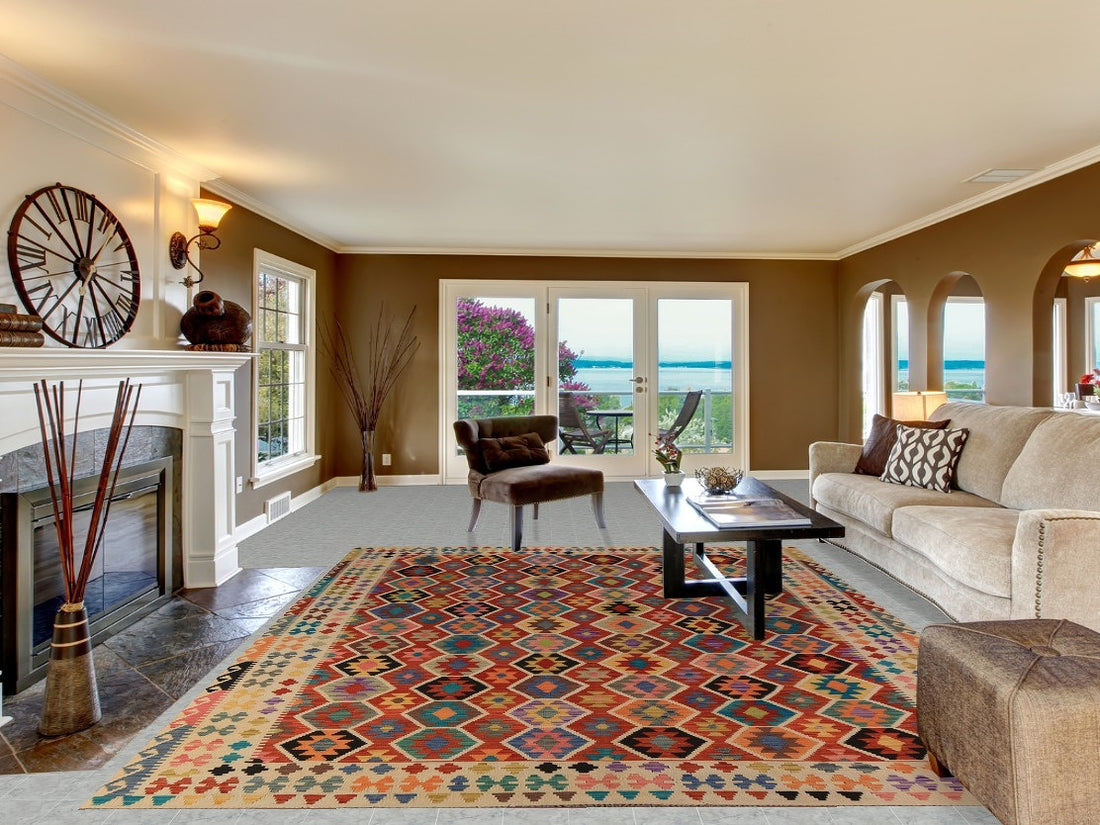 Wool Geometric Kilim Living Room Area Rug 9x12