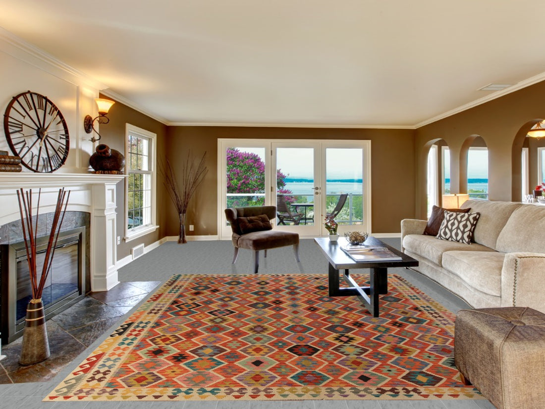 All-Over Wool Kilim Oriental Area Rug 9x11