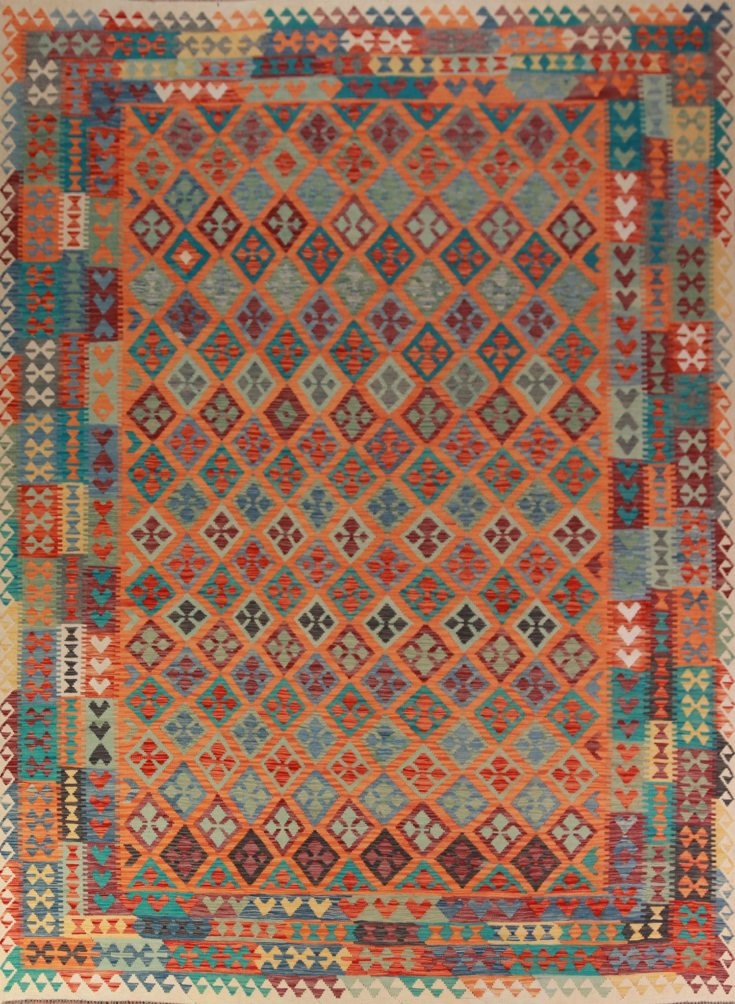 Trellis Orange Kilim Reversible Wool Area Rug 10x13