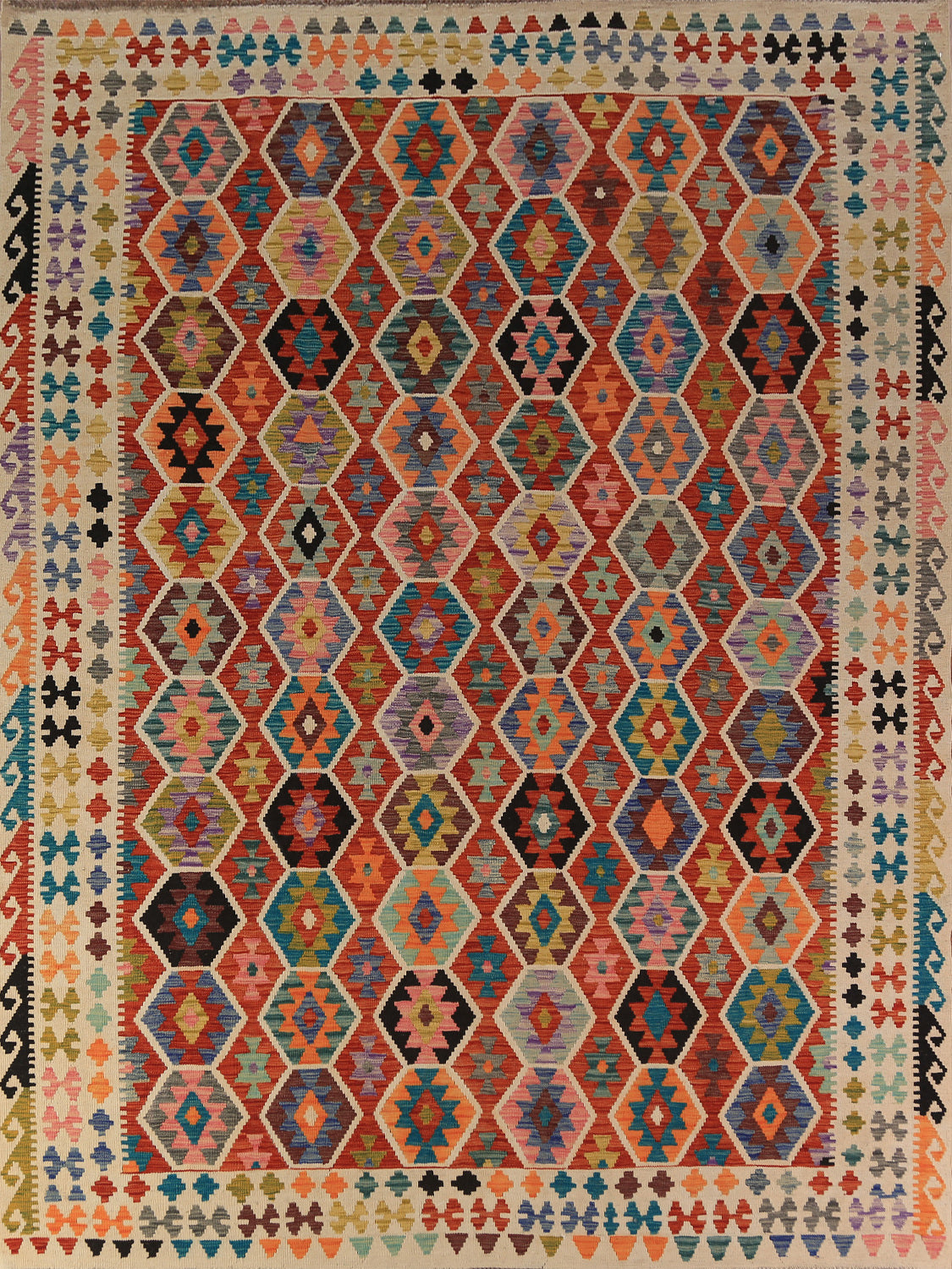 All-Over Wool Geometric Kilim Oriental Area Rug 9x11