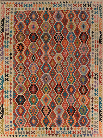 All-Over Wool Geometric Kilim Oriental Area Rug 9x11