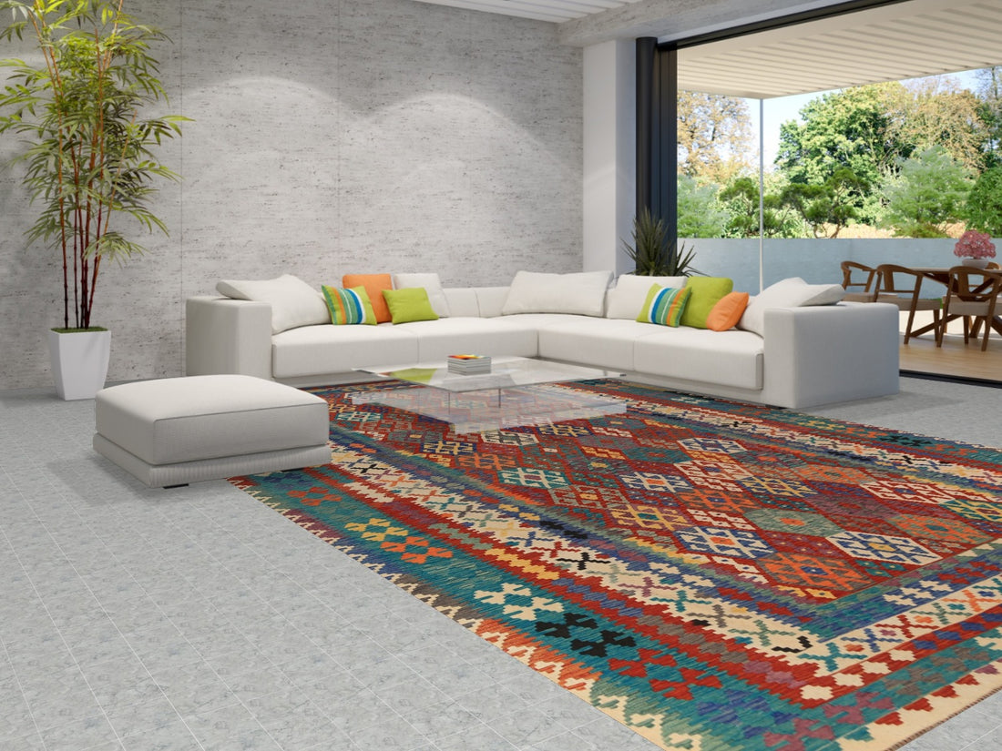 All-Over Geometric Wool Kilim Oriental Large Rug 10x16