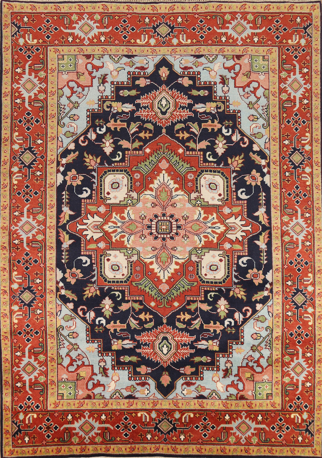 Blues & Orange Wool Heriz Serapi Indian Area Rug 9x12