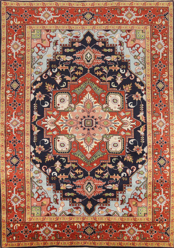 Blues & Orange Wool Heriz Serapi Indian Area Rug 9x12