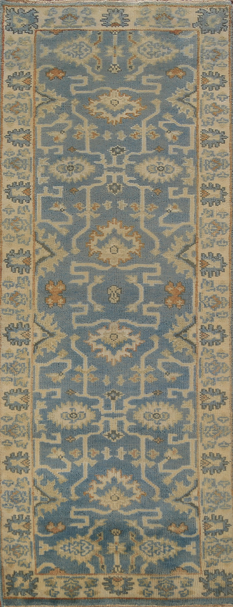 Blue Geometric Oushak Indian Runner Rug 3x8