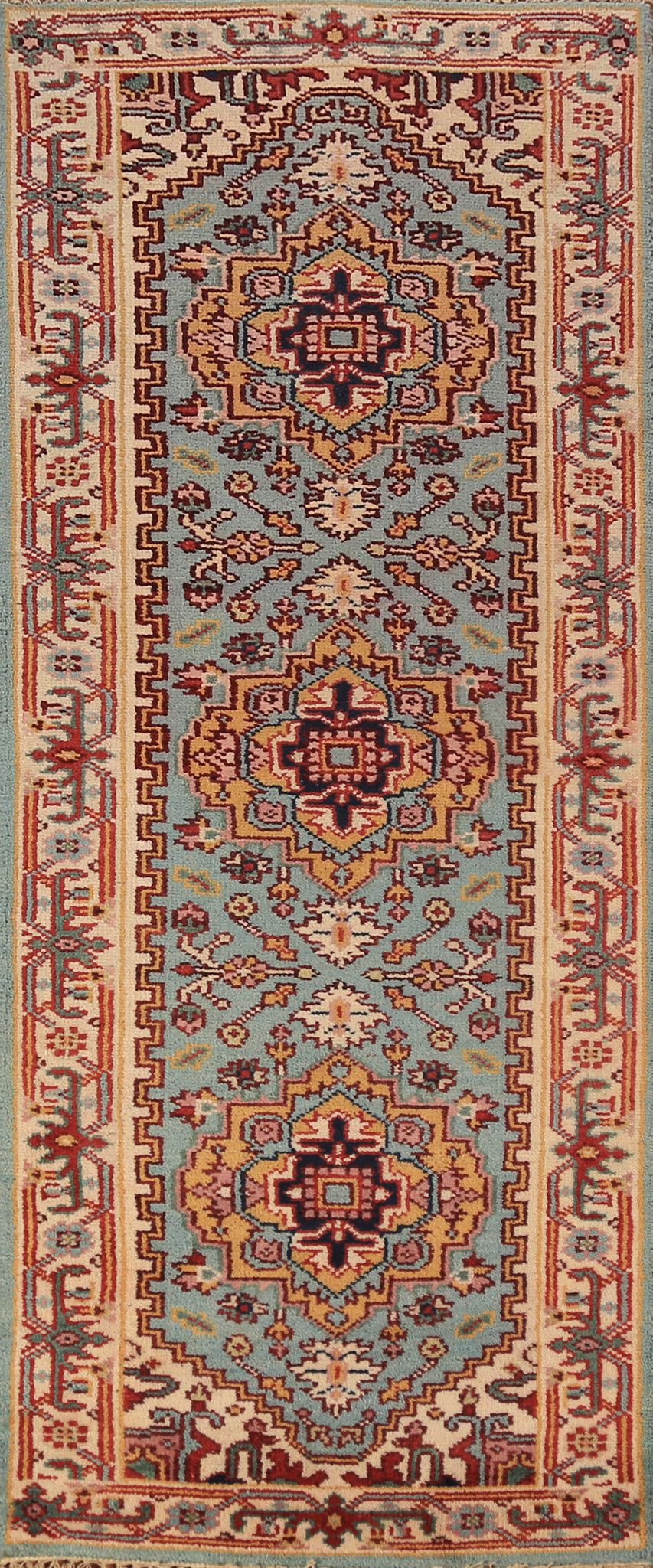 Light Blue Heriz Serapi Indian Runner Rug 2x8