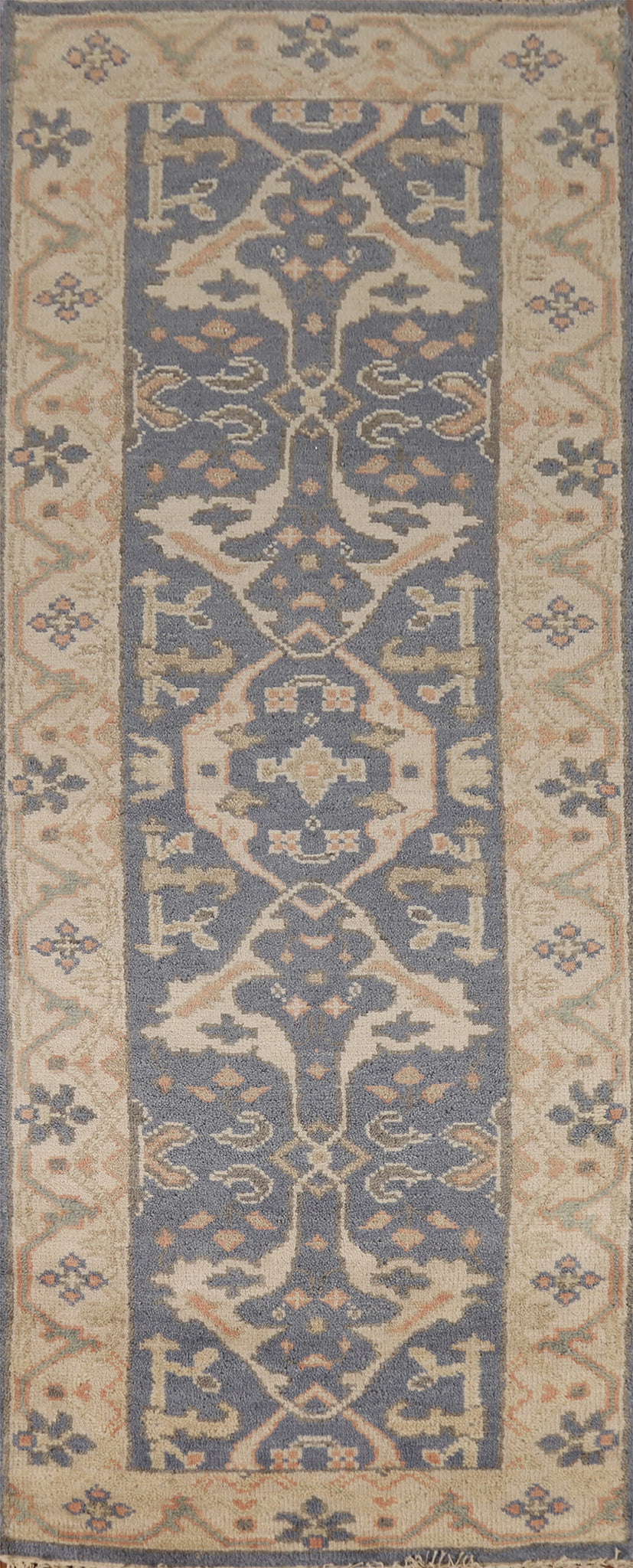 Blue & Beige Wool Oushak Indian Runner Rug 3x8