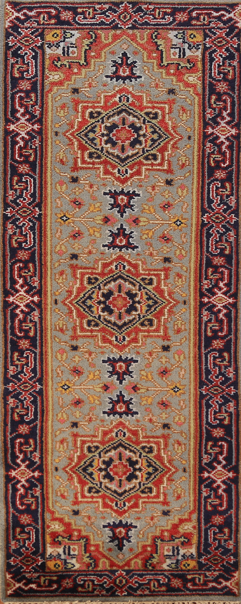 Geometric Wool Heriz Serapi Indian Runner Rug 3x8