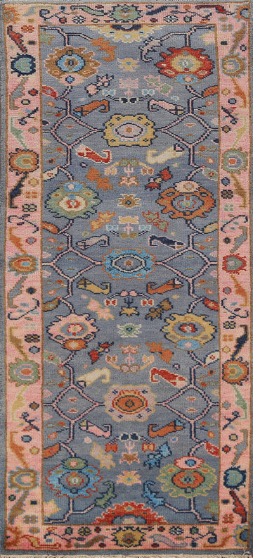 Light Blue Handmade Oushak Indian Runner Rug 3x8