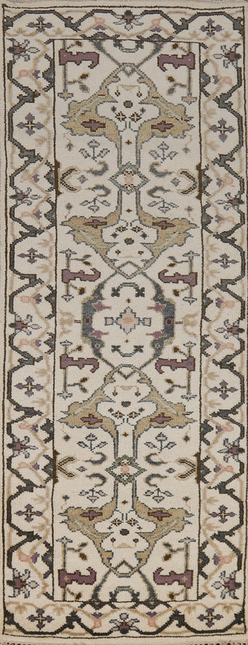 All-Over Wool Ivory Oushak Indian Runner Rug 3x8