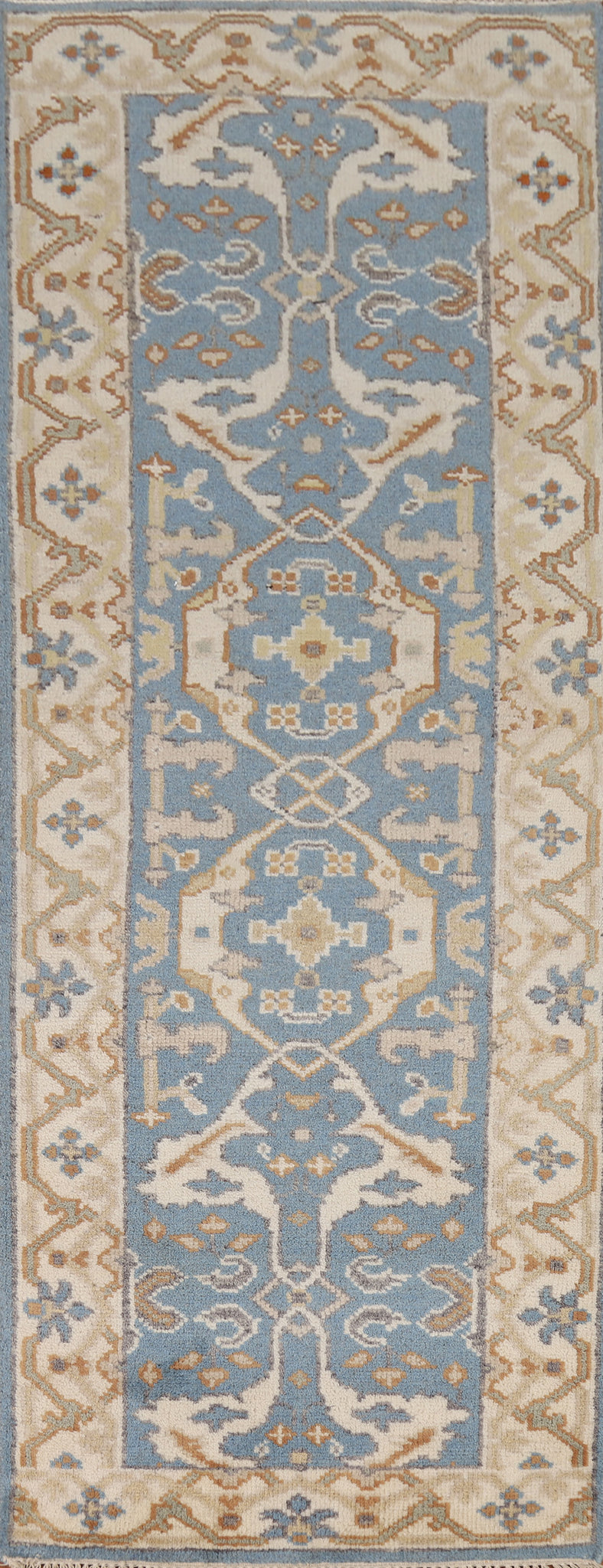 Light Blue Handmade Oushak Indian Runner Rug 3x8