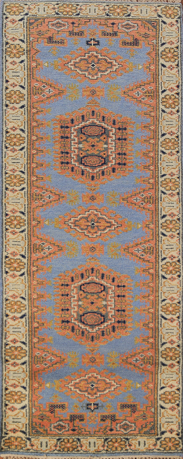 Blue Geometric Viss Indian Runner Rug 3x8