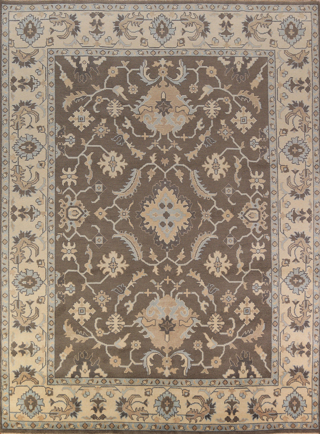 Brown Floral Wool Oushak Indian Area Rug 9x12