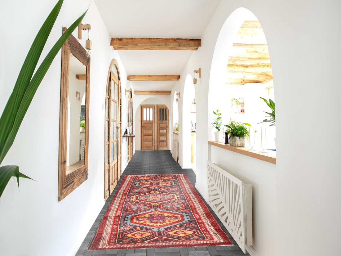 Navy Blue Geometric Ardebil Persian Runner Rug 3x10