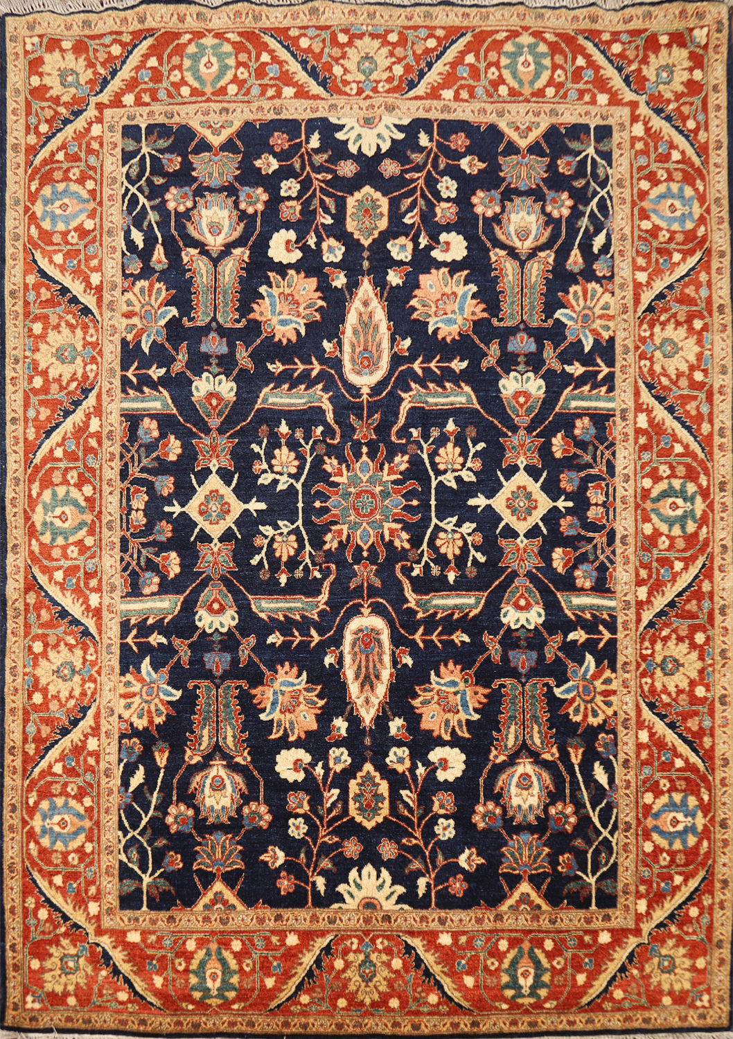Vegetable Dye Wool & Silk Navy Blue Tabriz Persian Rug 5x7