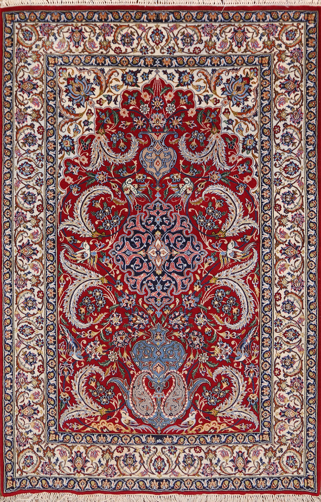 Vegetable Dye Red Wool & Silk Isfahan Persian Rug 4x6