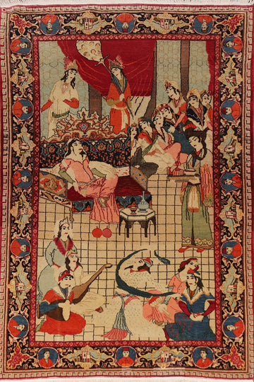 Pre-1900 Antique Pictorial Kashan Persian Rug 4x7