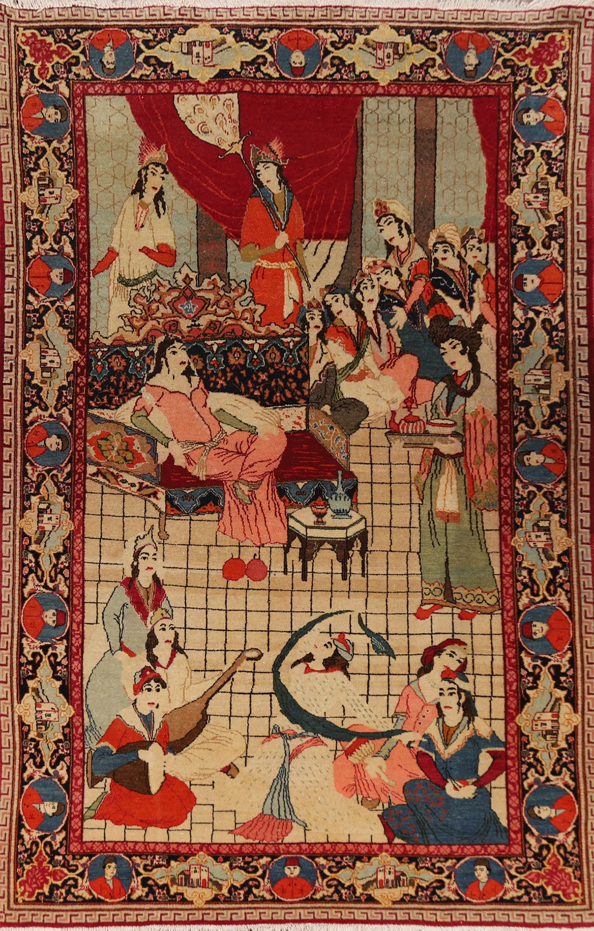 Pre-1900 Antique Wool Pictorial Kashan Persian Rug 4x7