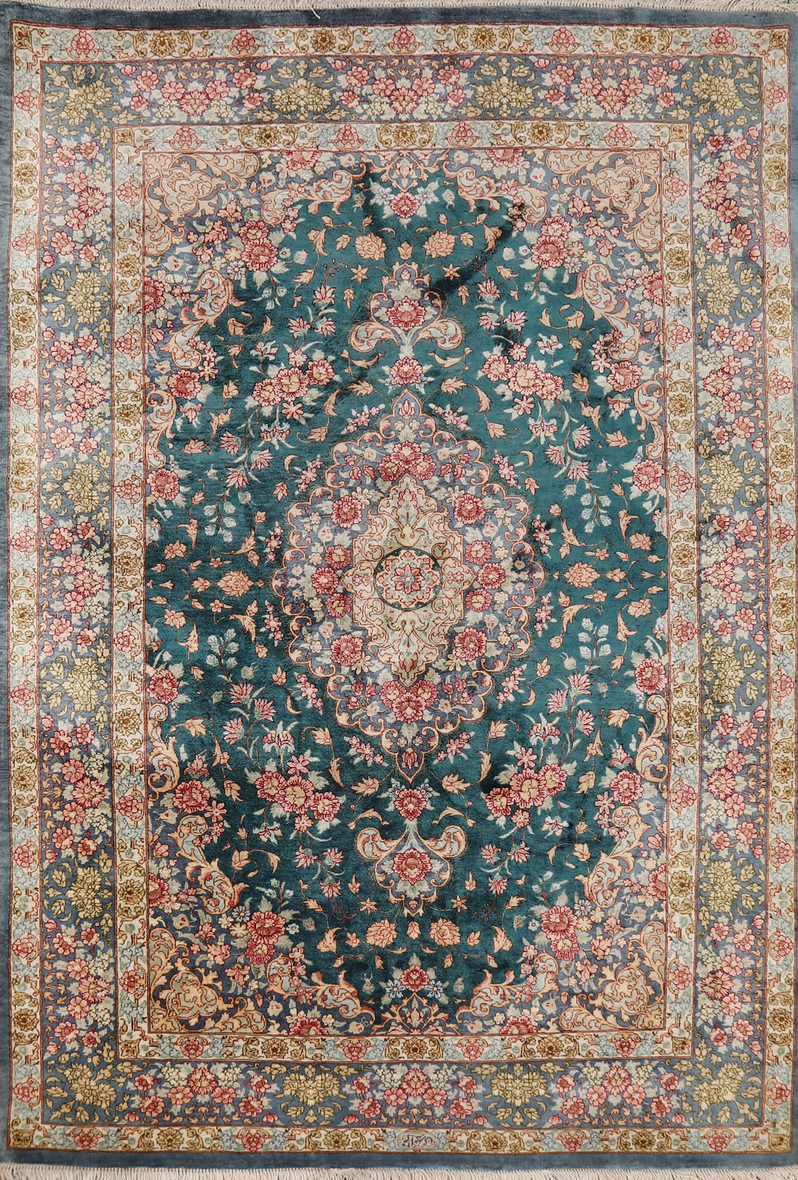 Handmade Green Floral Silk Qum Persian Rug 3x5