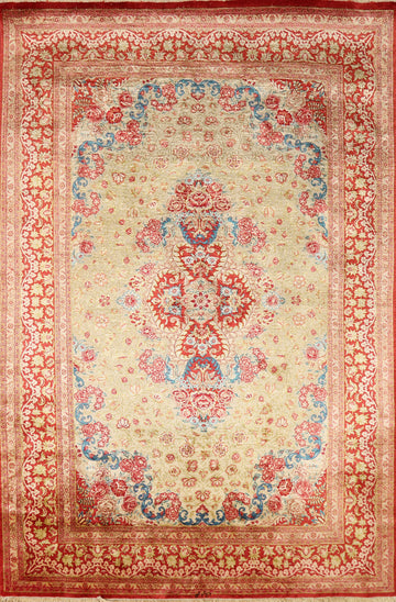 Yellow Gold Silk Handmade Qum Persian Rug 3x5