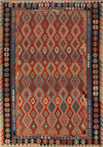 Flat Weave Orange Wool Kilim Oriental Area Rug 8x11